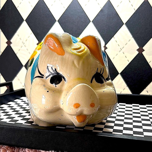 Oversized Chunky Piggy Ceramic Bank 14” Floral & Bow Decor – Whimsy Vintage - Picture 3 of 11